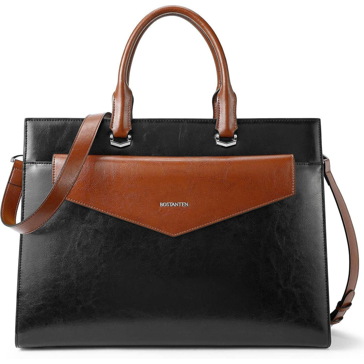 Damen Leder Aktentasche für 15.6 Zoll Laptop, Schwarz+Braun