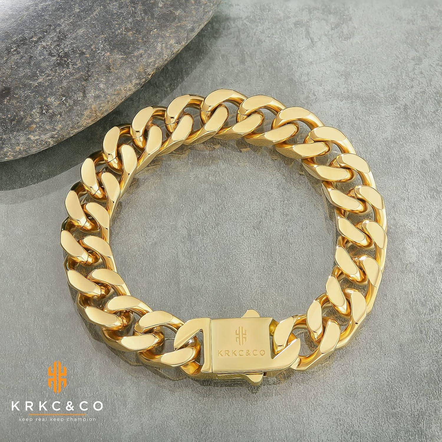 KRKC&CO Cuban Armband Herren 18K Gold 14mm Panzerkette Link Edelstahl