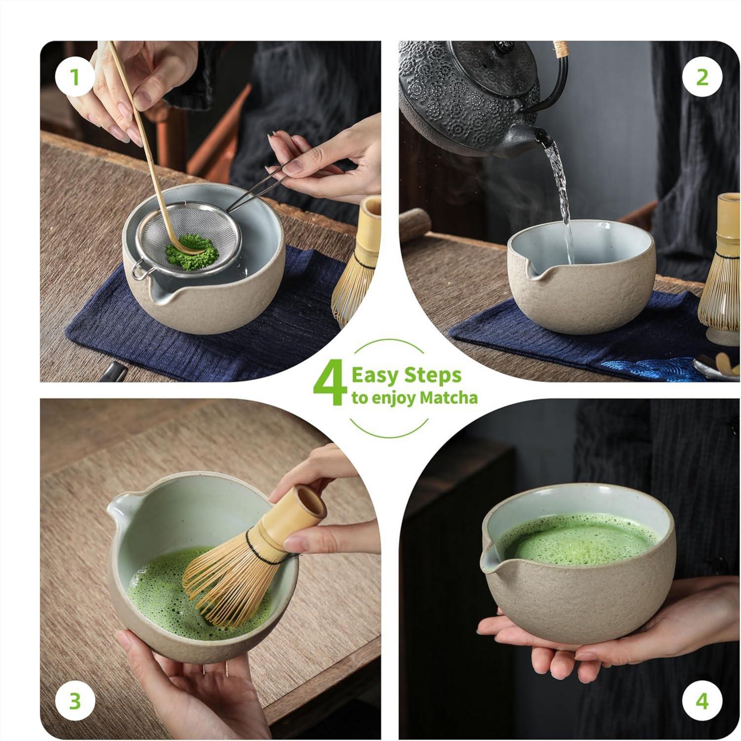 Matcha-Tee-Set, Japanisches Tee-Zubereitungsset, 7-teilig, Bambus-Schneebesen, Keramik-Schale, Ausgießer, Schaufel, dunkelgrau