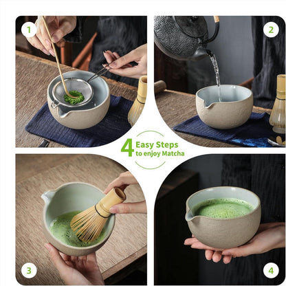 Matcha-Tee-Set, Japanisches Tee-Zubereitungsset, 7-teilig, Bambus-Schneebesen, Keramik-Schale, Ausgießer, Schaufel, dunkelgrau