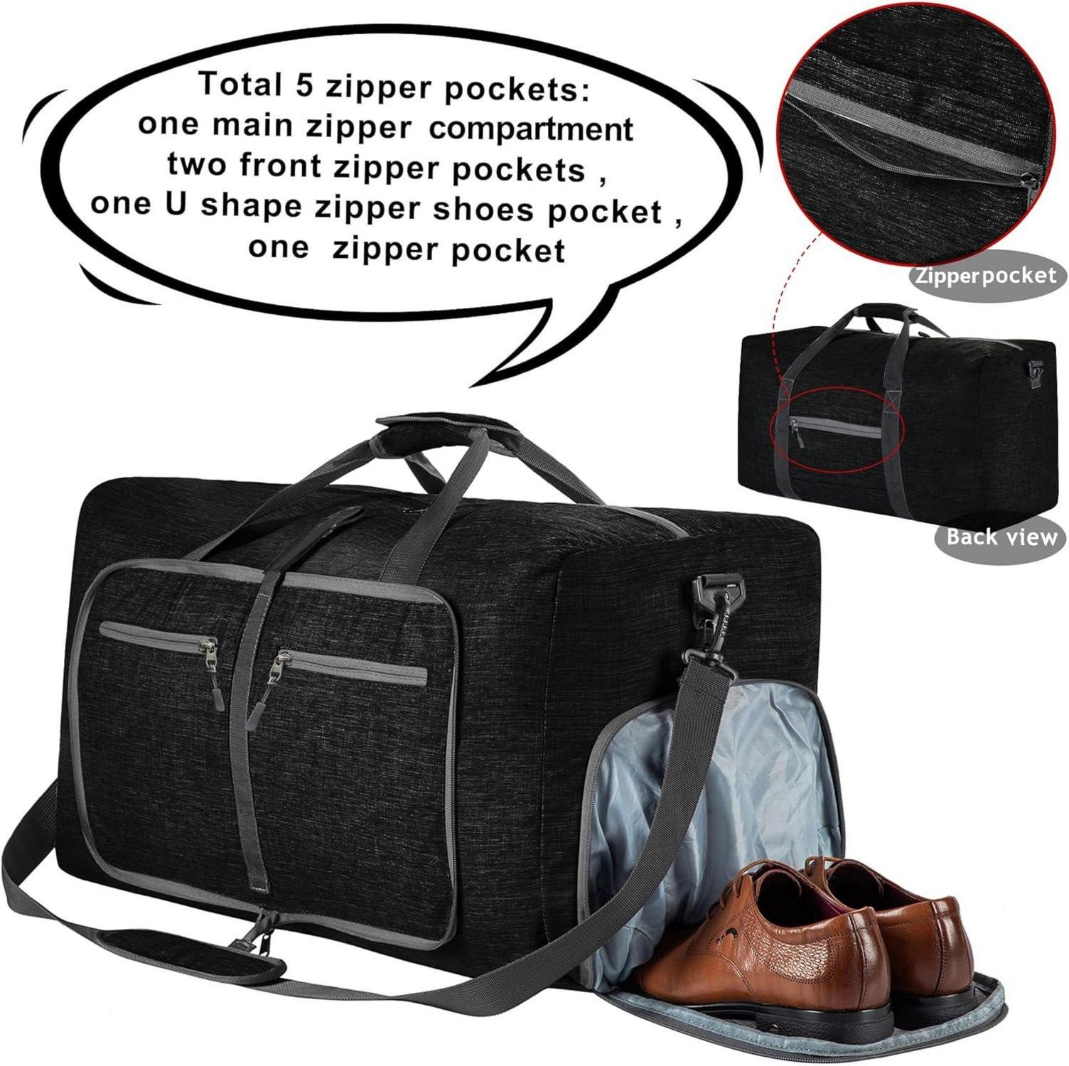 Leichte Faltbare Reisetasche 65L Sporttasche Damen Herren Schwarz 2er Pack