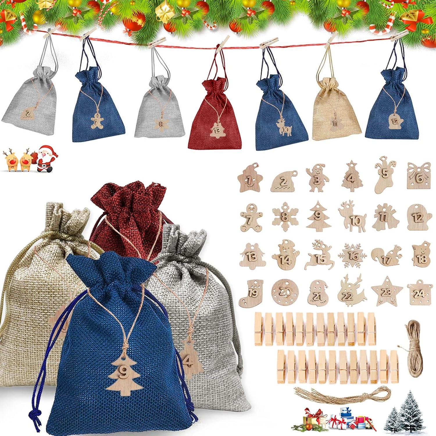 Adventskalender zum Befüllen mit 24 Säckchen und Holzanhängern