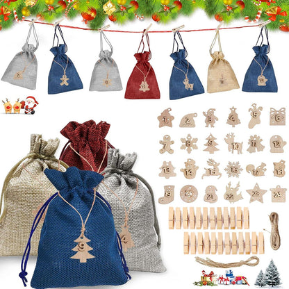 Adventskalender zum Befüllen mit 24 Säckchen und Holzanhängern