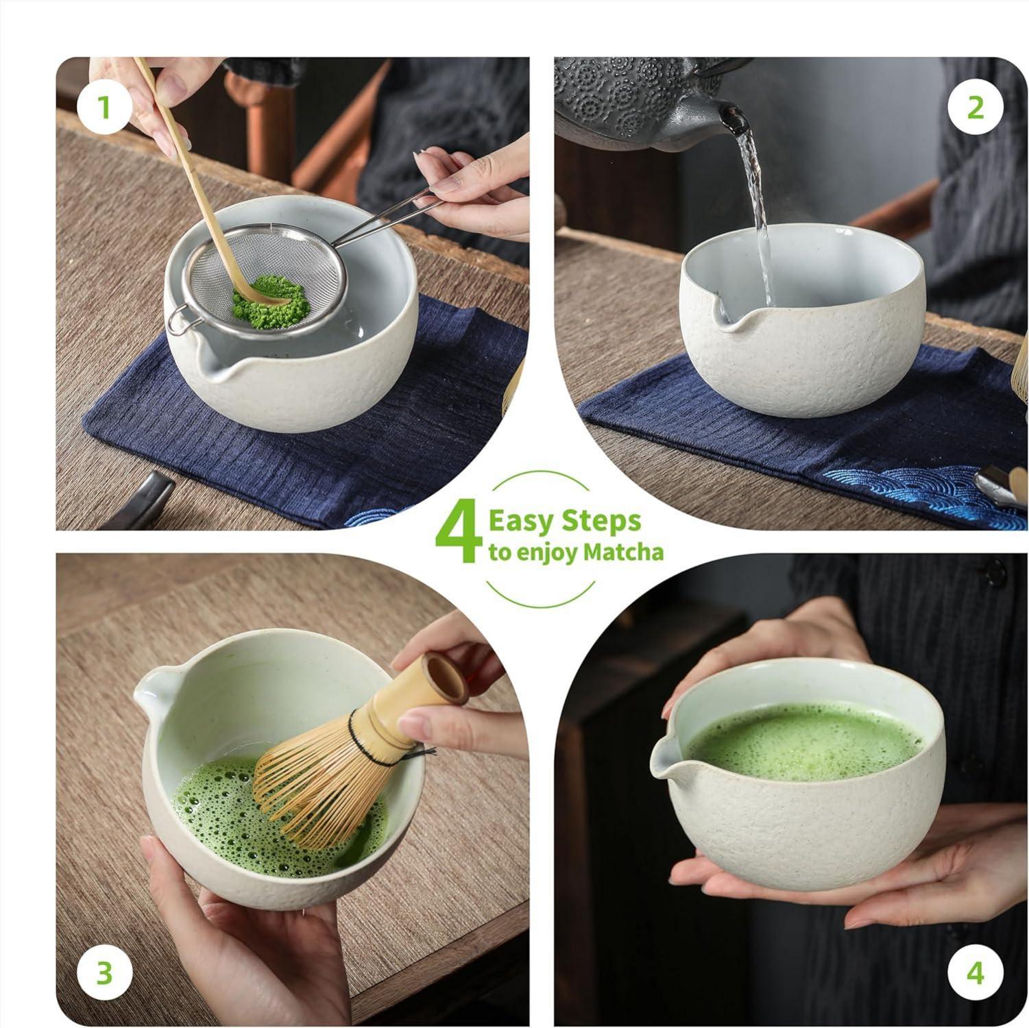 TEANAGOO Japanisches Matcha-Tee-Set, Bambus und Keramik, 7-teilig, Hellgrau