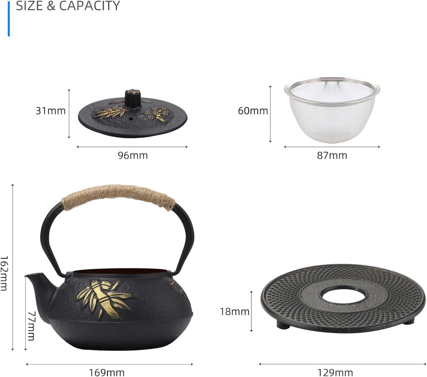 Fuloon Teekanne Gusseisen mit Emailliertem Interieur 900ML Bambus&Pflaume