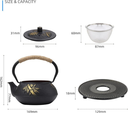 Fuloon Teekanne Gusseisen mit Emailliertem Interieur 900ML Bambus&Pflaume