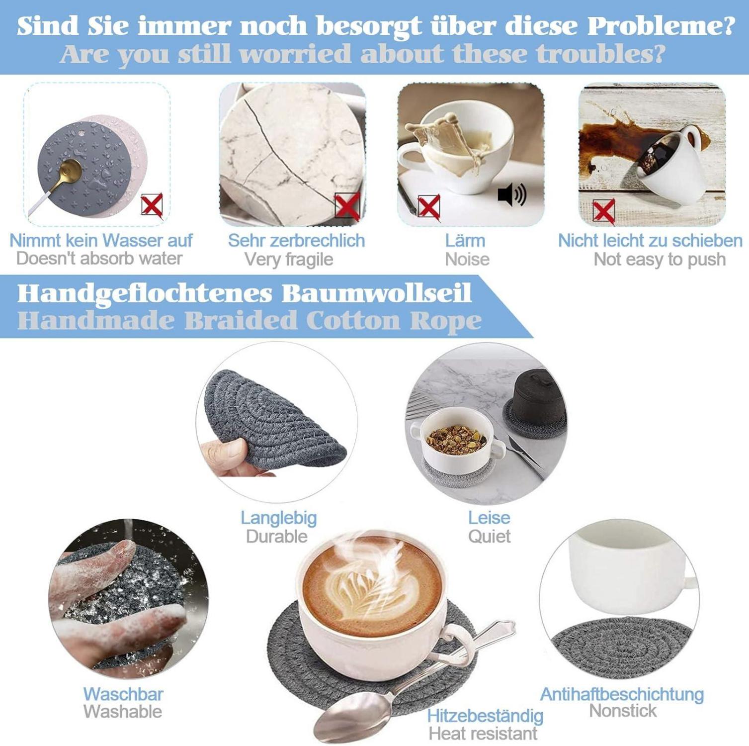 Untersetzer Set Getränkeuntersetzer Gläser Halter Rund Baumwollseil 6