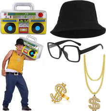 Hip Hop Kostüm Kit Rapper Outfit Zubehör Eimer Hut Gold Dollar