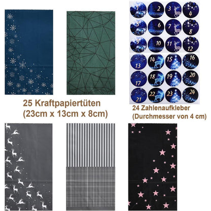 Adventskalender zum Befüllen 24 Kraftpapiertüten Blau Grau
