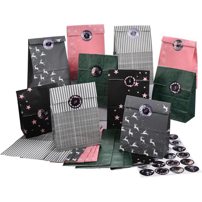 Adventskalender zum Befüllen in Rosa/Schwarz/Grau, 24 Tüten