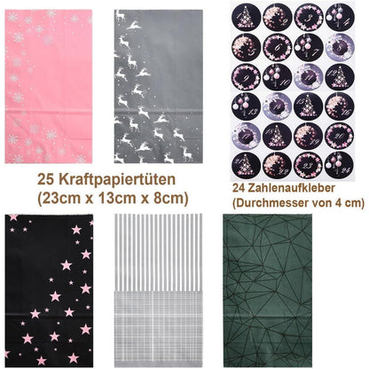 Adventskalender zum Befüllen in Rosa/Schwarz/Grau, 24 Tüten