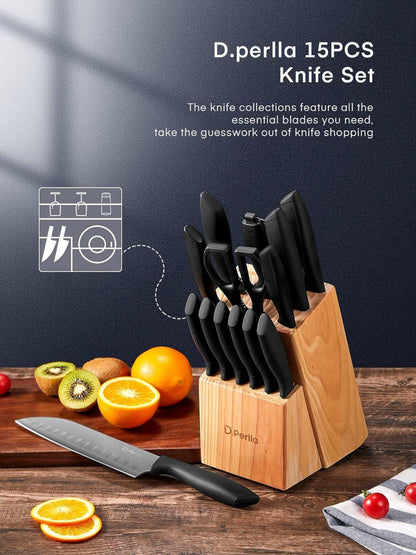 Messerblock Set 15-teilig mit Holzblock Schwarz Antihaftbeschichtung