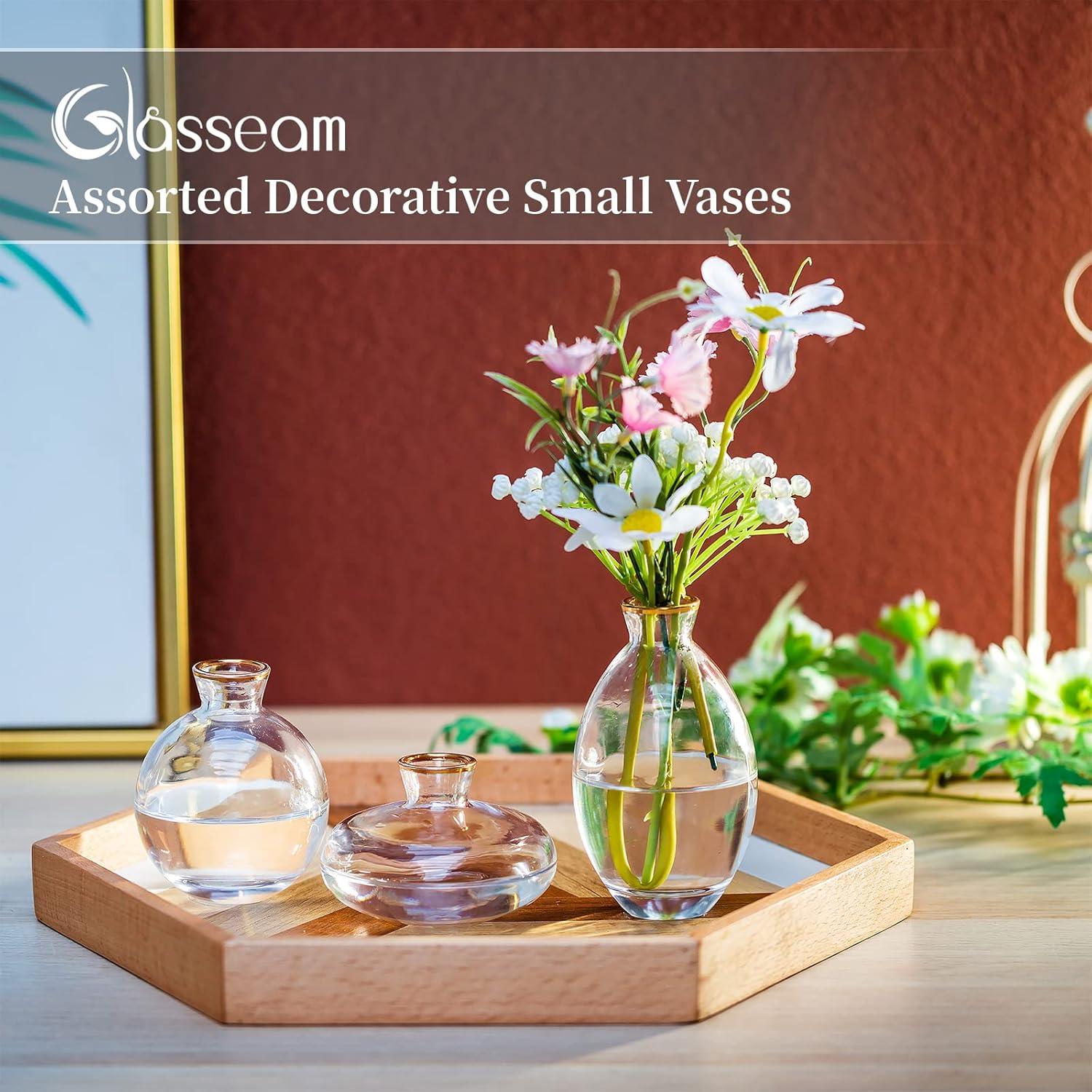 Vintage Handmade Mini Vasen Glas Goldrand Blumenvase Set - 3-teilig