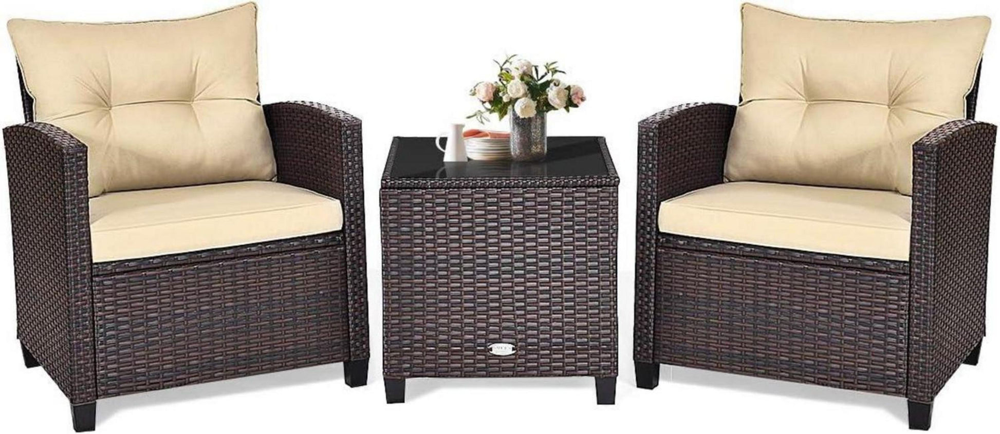 3tlg. Polyrattan Balkonmöbel Set mit Tisch & Stühlen Beige Kissen