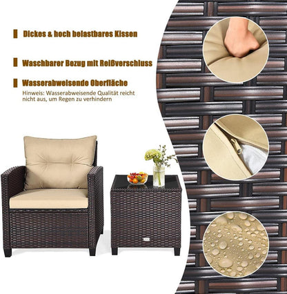 3tlg. Polyrattan Balkonmöbel Set mit Tisch & Stühlen Beige Kissen