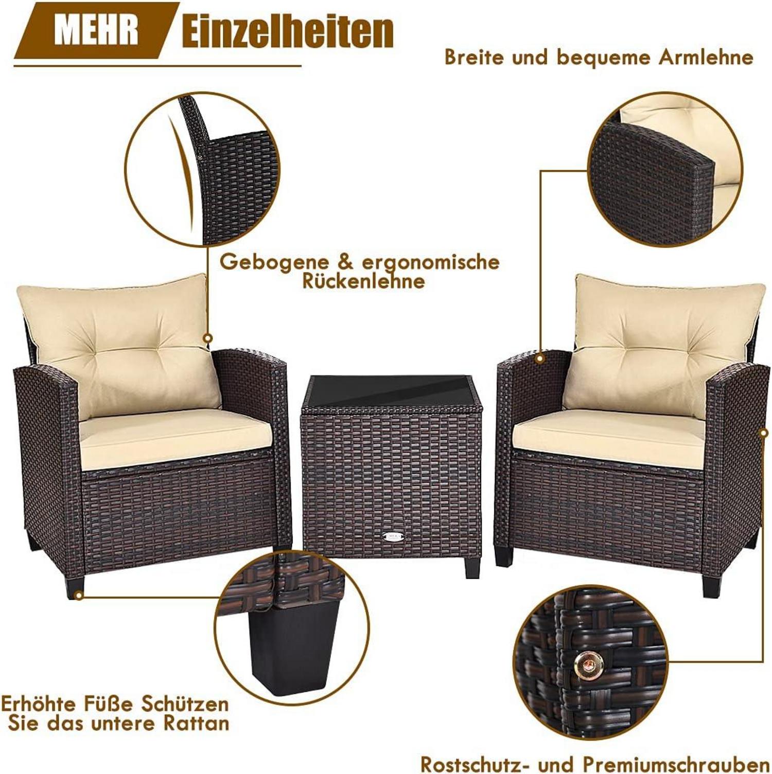 3tlg. Balkonmöbel Set Polyrattan Lounge Set Tisch Stühle Kissen Beige
