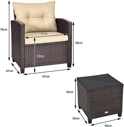 3tlg. Balkonmöbel Set Polyrattan Lounge Set Tisch Stühle Kissen Beige