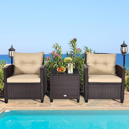 GOPLUS Balkonmöbel Set Polyrattan Gartenmöbel Tisch Stühle Lounge Kissen Beige