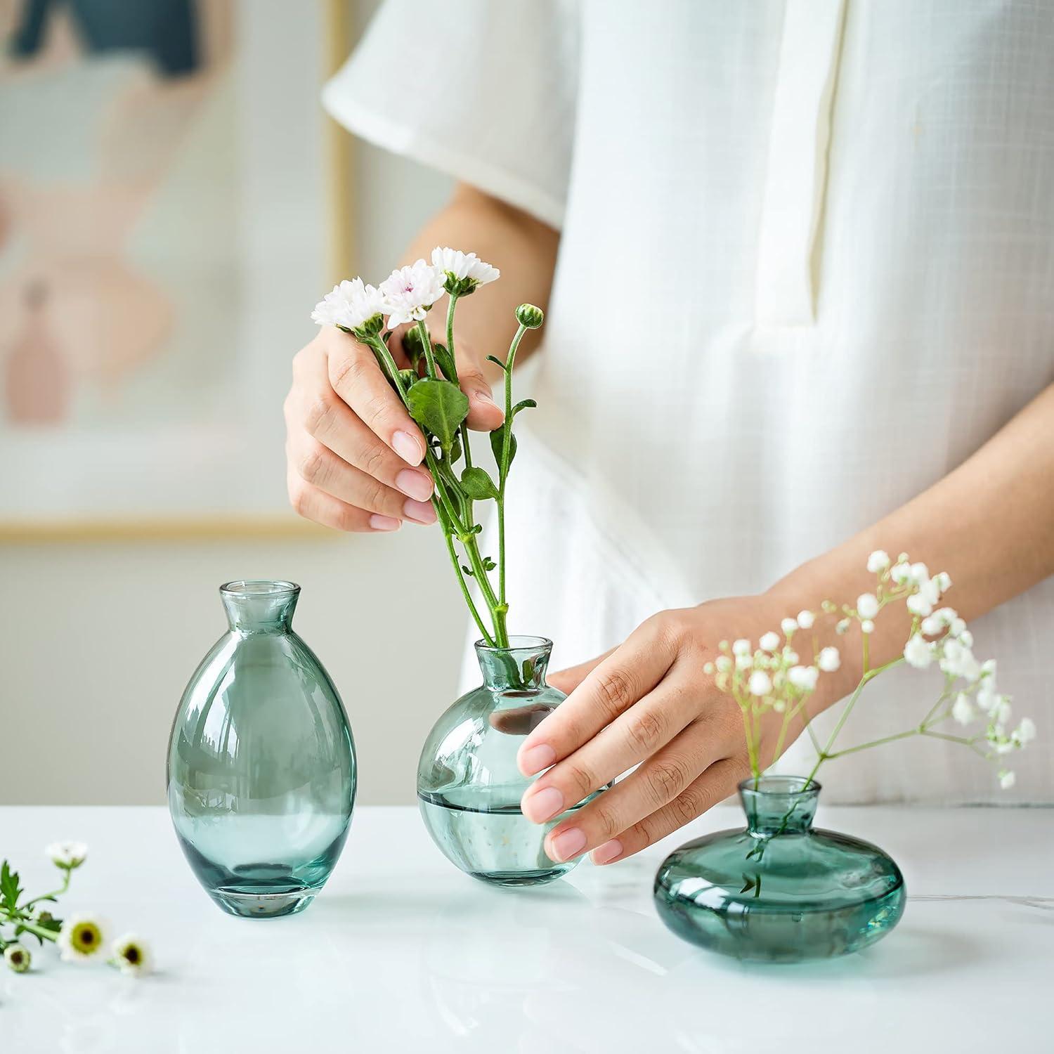 Vintage Mini Glasvasen Set Grün 3-teilig für Blumen Deko