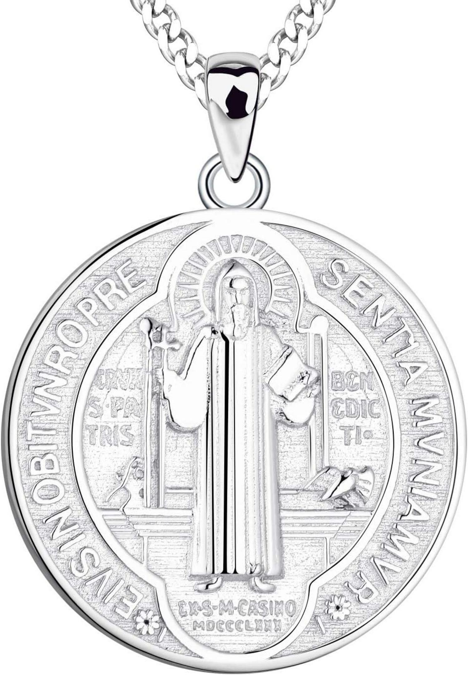 Heiliger Benedikt Kette 925 Sterling Silber Anhänger Halskette Münze