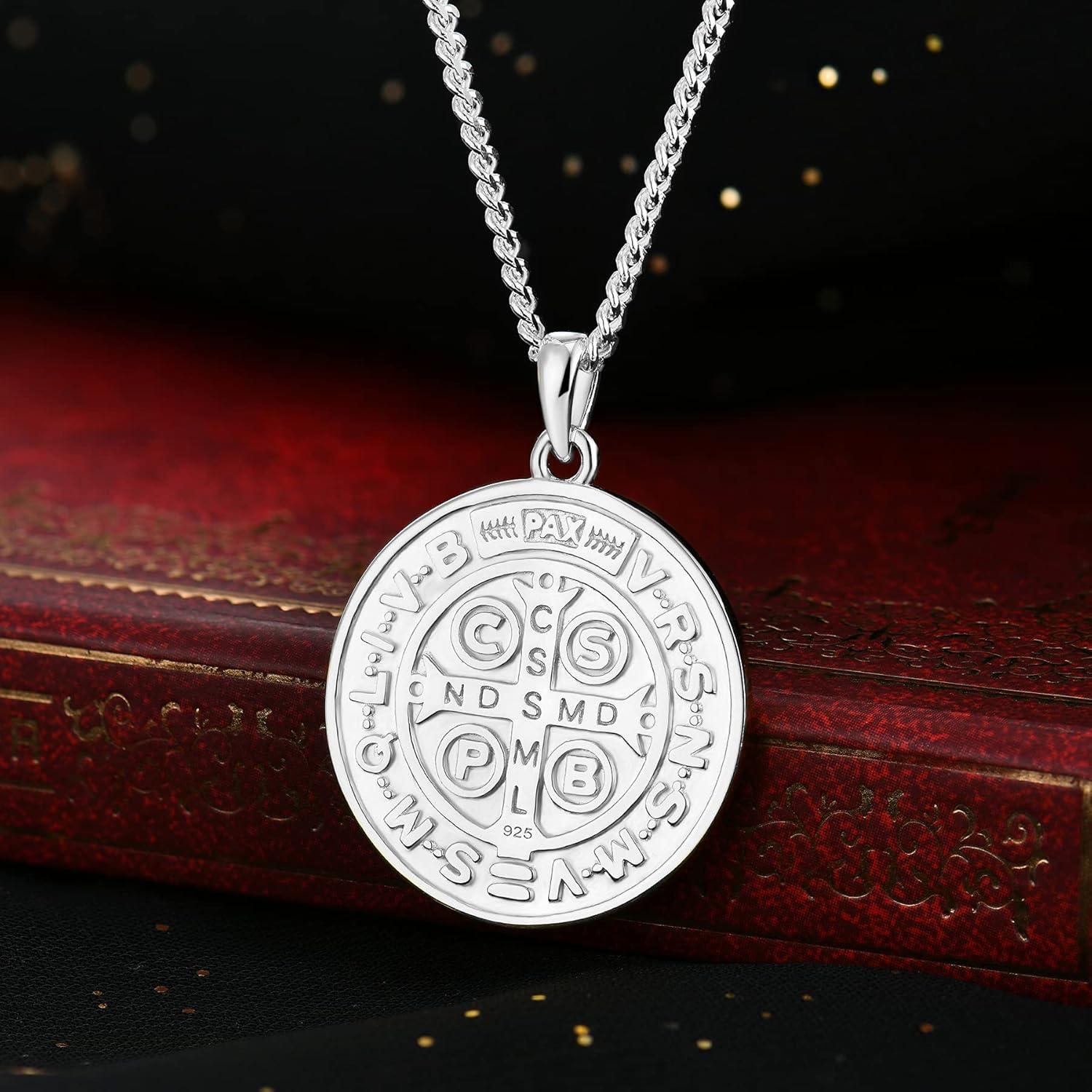 Heiliger Benedikt Kette 925 Sterling Silber Anhänger Halskette Münze