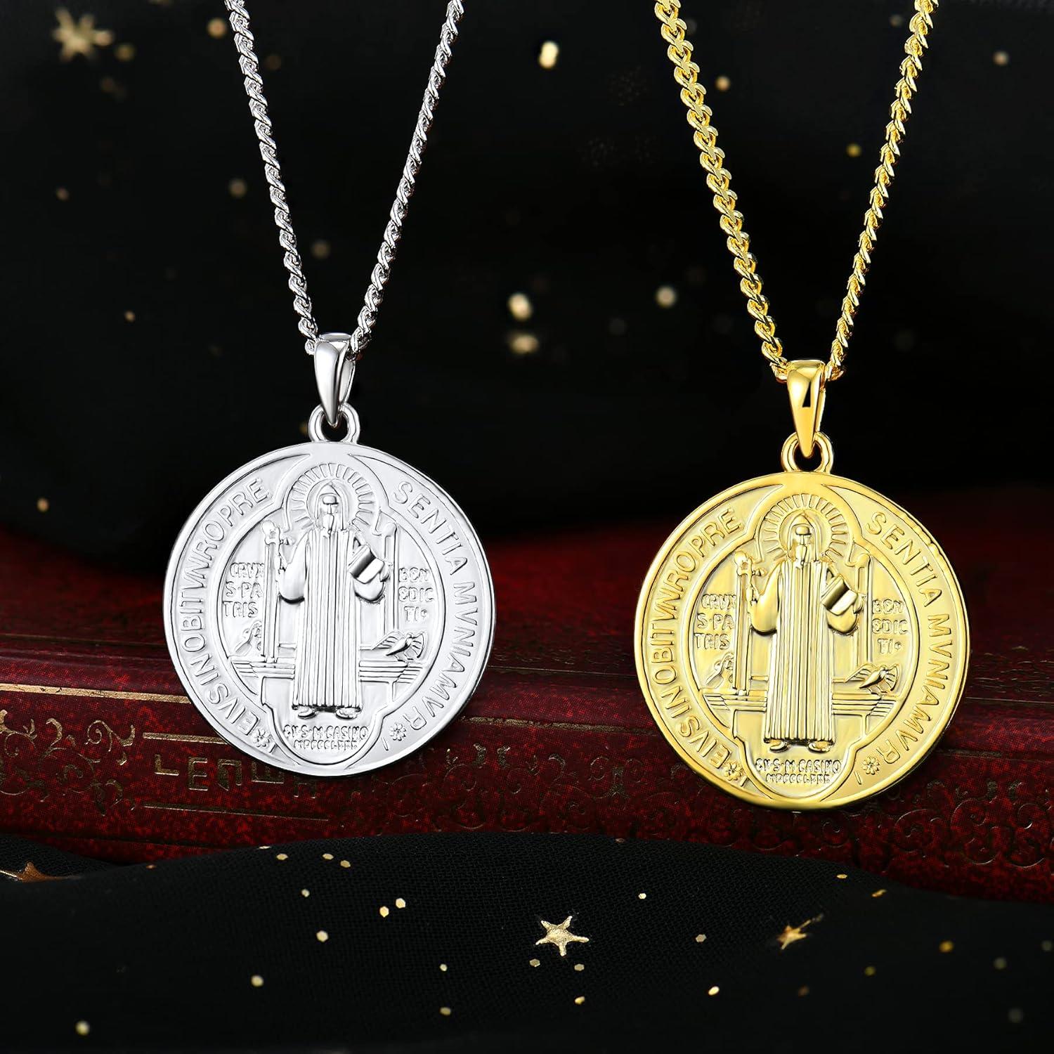 FJ Heiliger Benedikt Kette 925 Sterling Silber Anhänger Halskette Religious Protector Talisman 925 Silber/18K Vergoldet 01