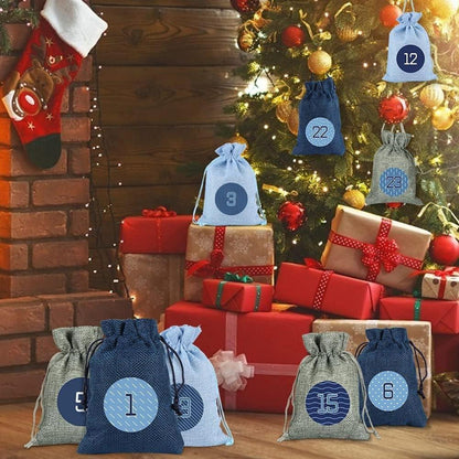 Adventskalender Stoffbeutel zum Befüllen Weihnachtskalender 24 Säckchen Blau