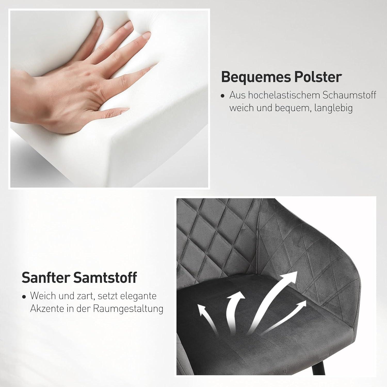 CLIPOP Esszimmerstühle 4er Set Samt Grau mit Armlehne und Metallbeine