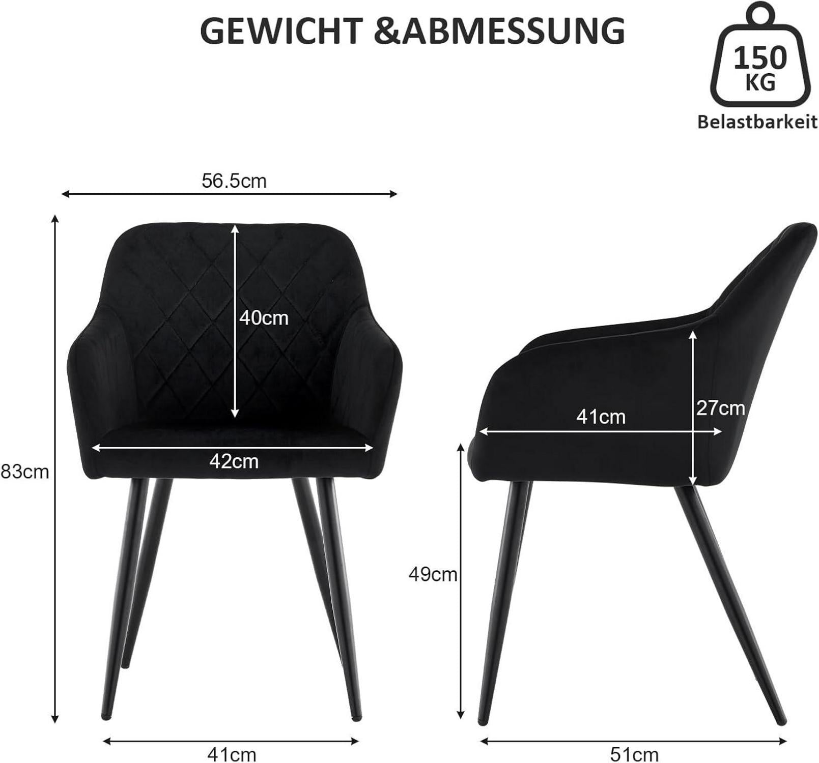 Bequeme Esszimmerstühle Samt Schwarz 2er Set mit Armlehne