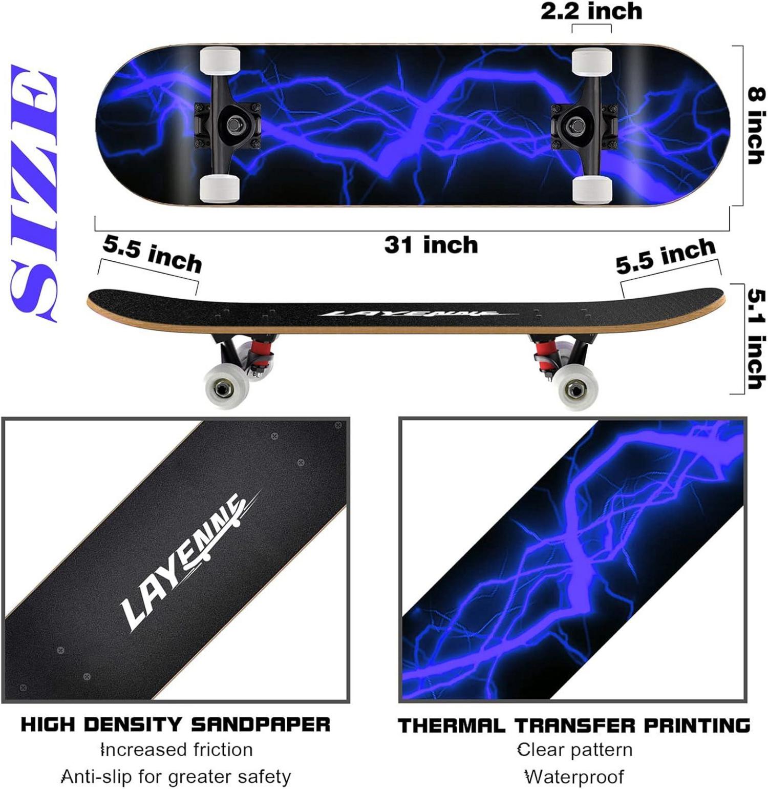 LAYENNE Skateboard 31 Zoll Komplett 7 Schichten Ahorn