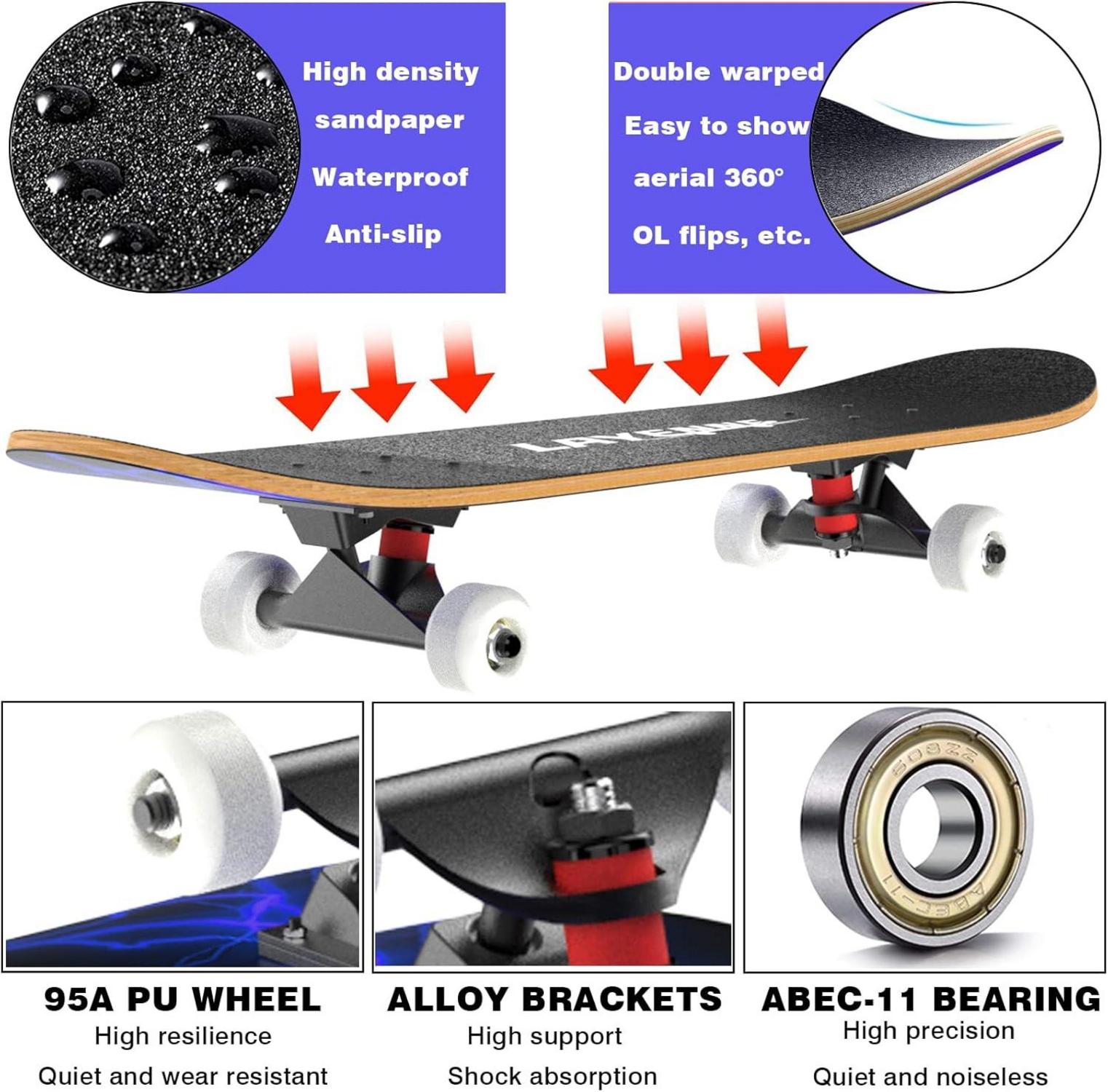 Skateboard 31 Zoll Komplettset 7-lagiges Ahorn ABEC-11 Halterung Blau