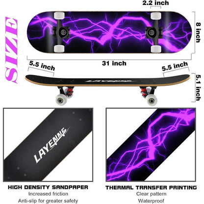 LAYENNE Skateboard 31 Zoll komplett mit ABEC-11 Lager, Ahorn