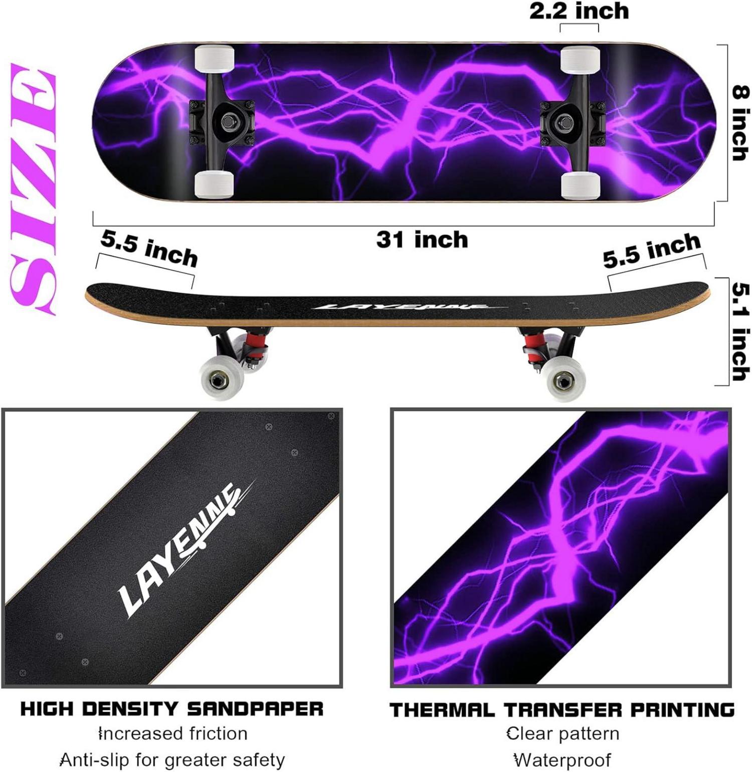 LAYENNE Skateboard 31 Zoll komplett mit ABEC-11 Lager, Ahorn
