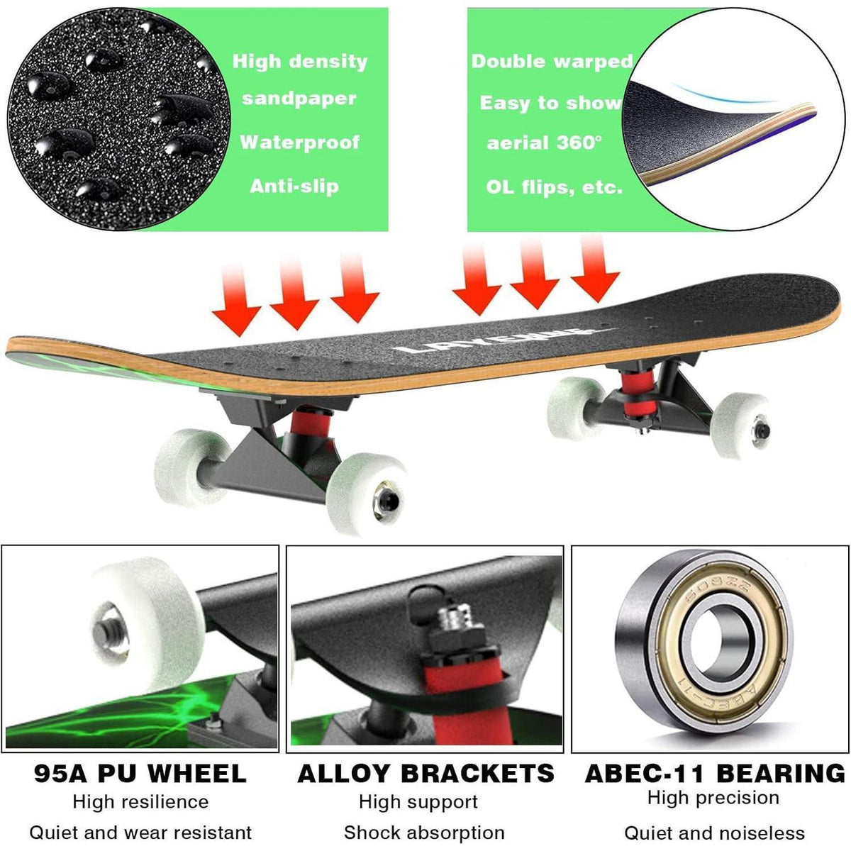 Komplettes Skateboard 31 Zoll Ahorn Deck ABEC-11 Lager Verde