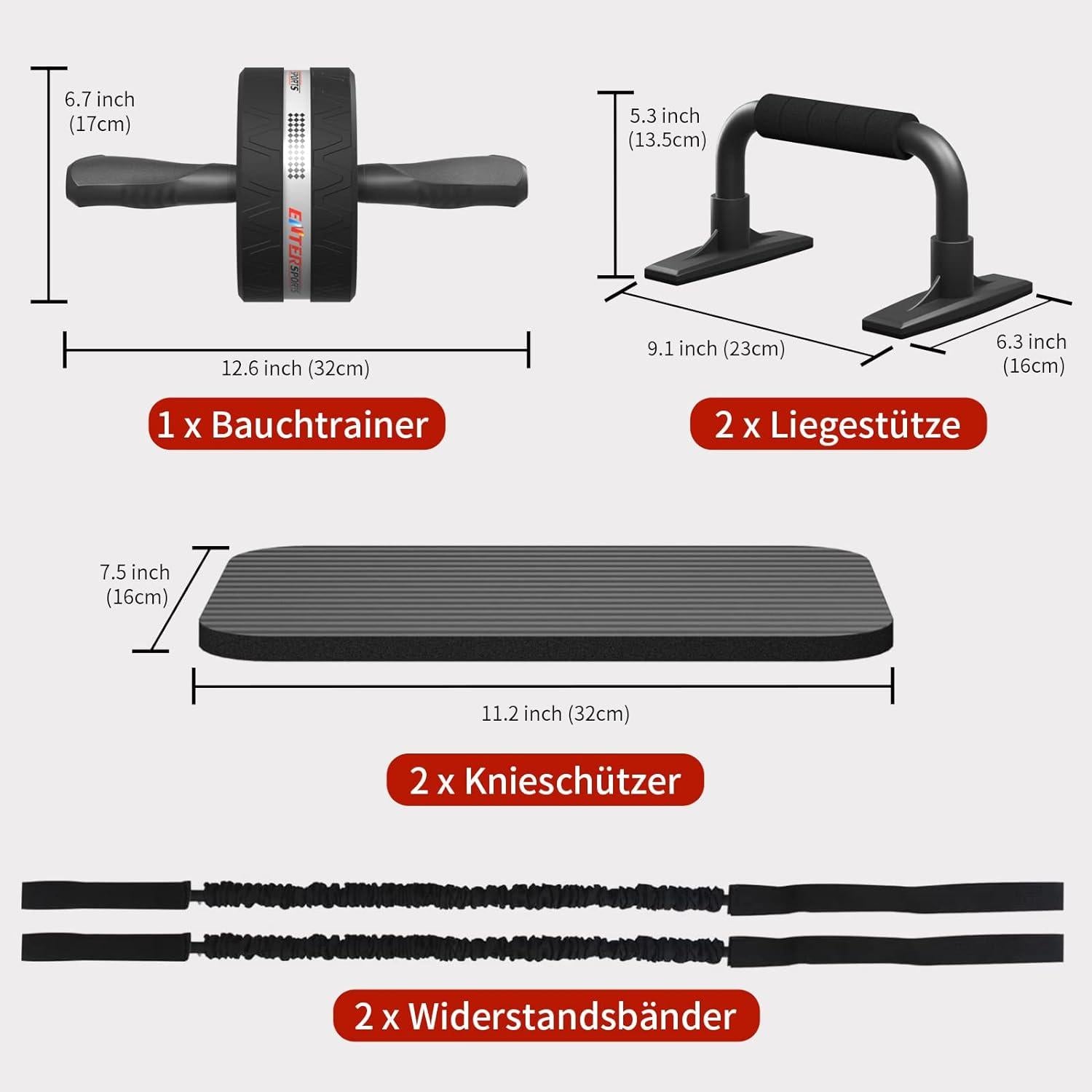 EnterSports 6-in-1 Bauchroller Set mit Fitnessband, Liegestütze, Kniematte - Schwarz