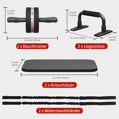 EnterSports 6-in-1 Bauchroller Set mit Fitnessband, Liegestütze, Kniematte - Schwarz