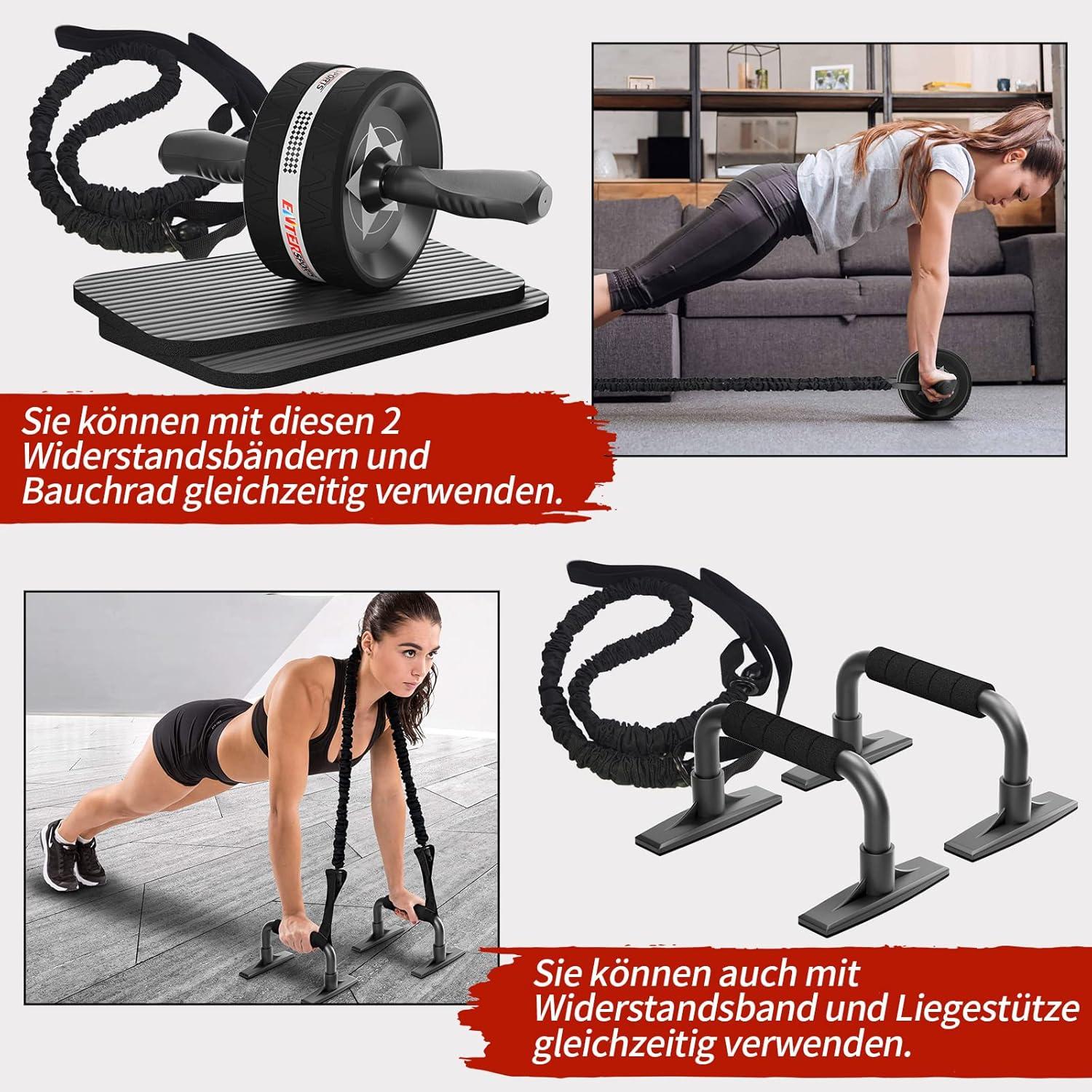 EnterSports 6-in-1 Bauchroller Set Fitnessband Liegestuetze Kniematte