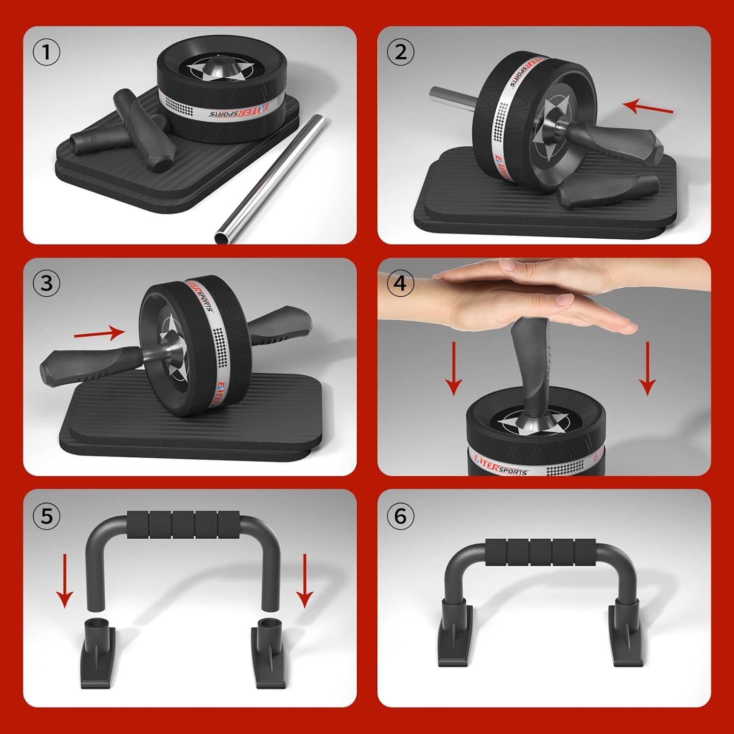 EnterSports 6-in-1 Bauchroller Set Fitnessband Liegestuetze Kniematte