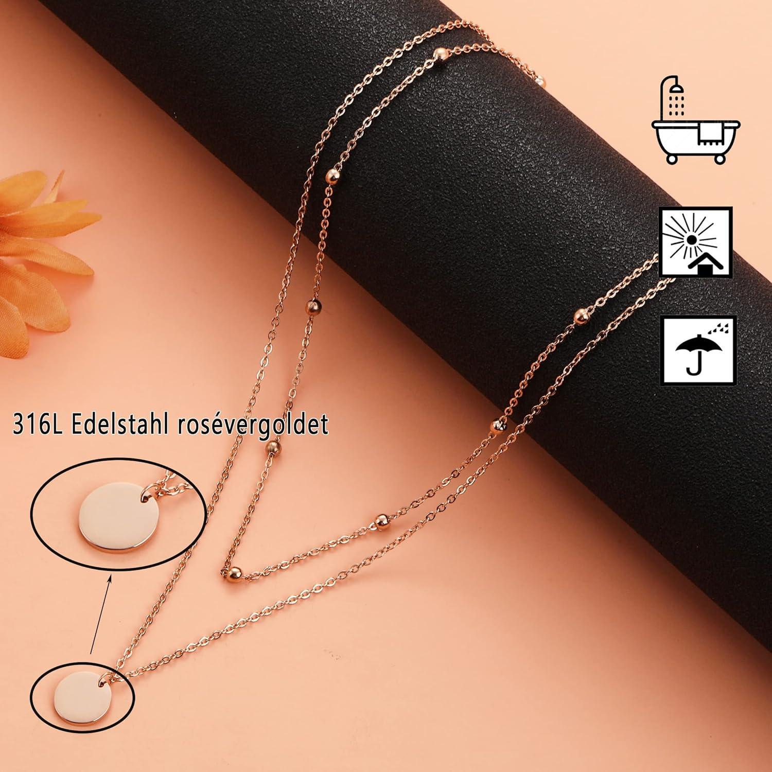 Damen Layered Kette Silber Rosegold Gold Multilayer Halskette Runde Anhänger