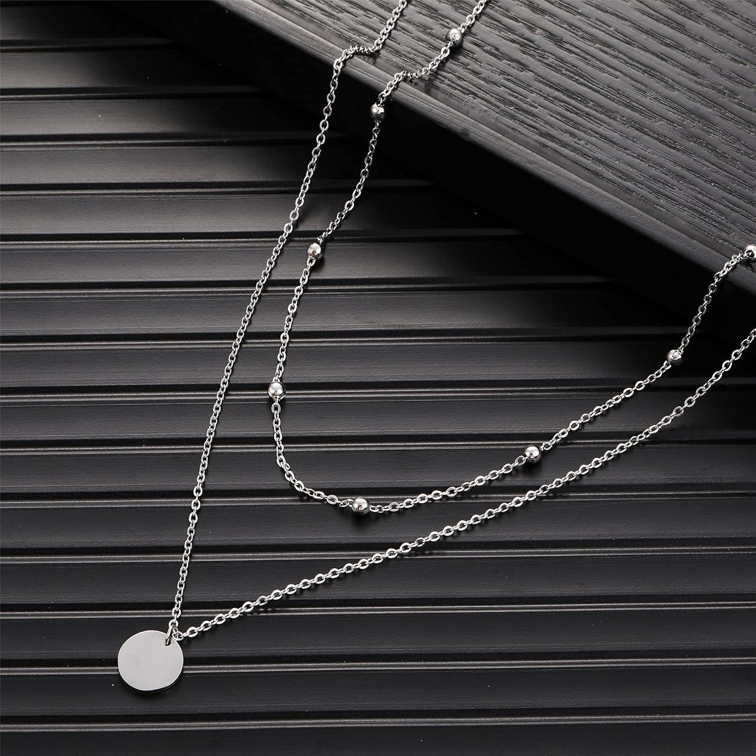 AFSTALR Layered Kette Damen Silber Gold Multilayer Halskette Rund Anhänger