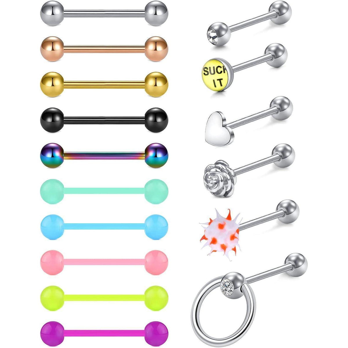 Zungenpiercing Set 16 Stück 14G Chirurgenstahl 16mm Multicolor-Silber