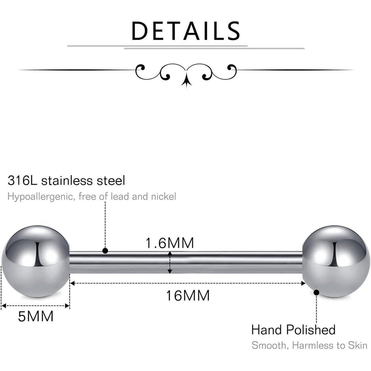 Zungenpiercing Set 16 Stück 14G Chirurgenstahl 16mm Multicolor-Silber