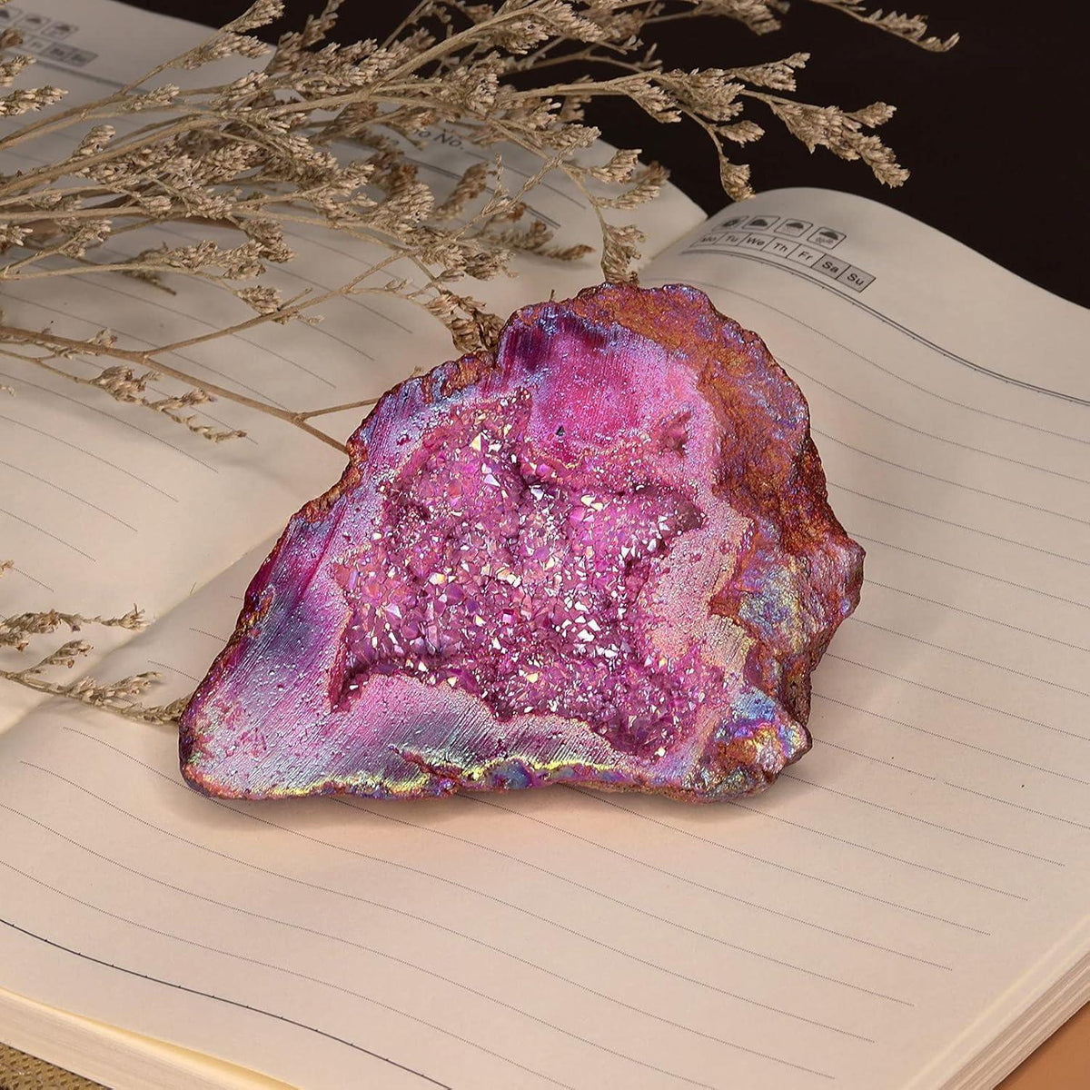 Titan beschichteter Kristall Geode Rohstück, Roter Quarz Cluster 100-200g