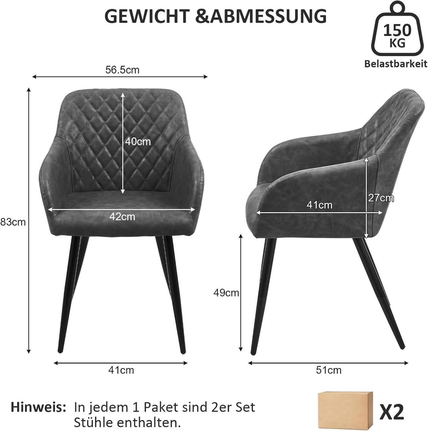 Esszimmerstühle 2er Set Kunstleder Armlehne Metallbeine Graphitgrau