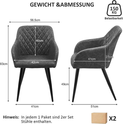 Esszimmerstühle 2er Set Kunstleder Armlehne Metallbeine Graphitgrau