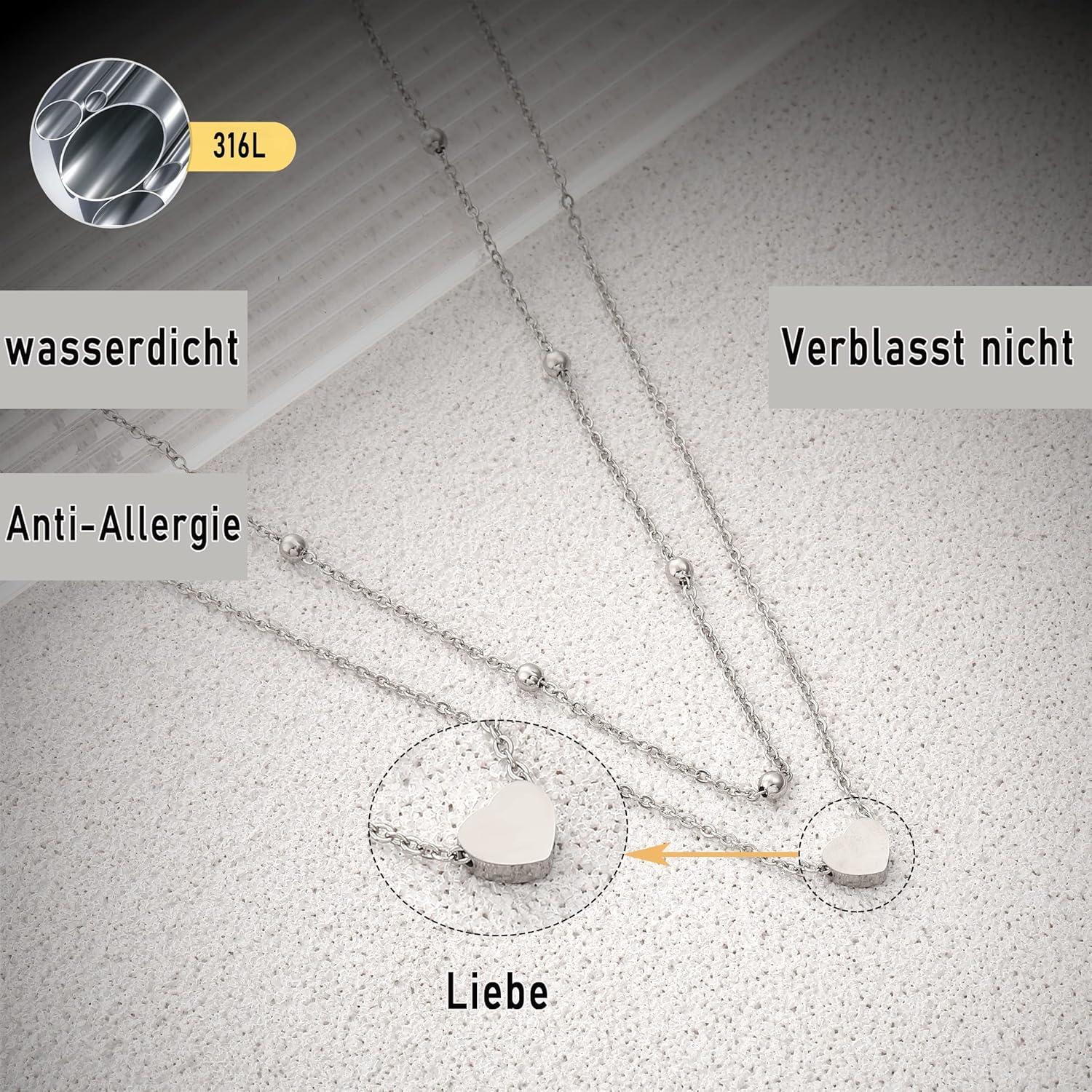 AFSTALR Damen Layered Kette Silber Multilayer Halskette mit Herzanhänger