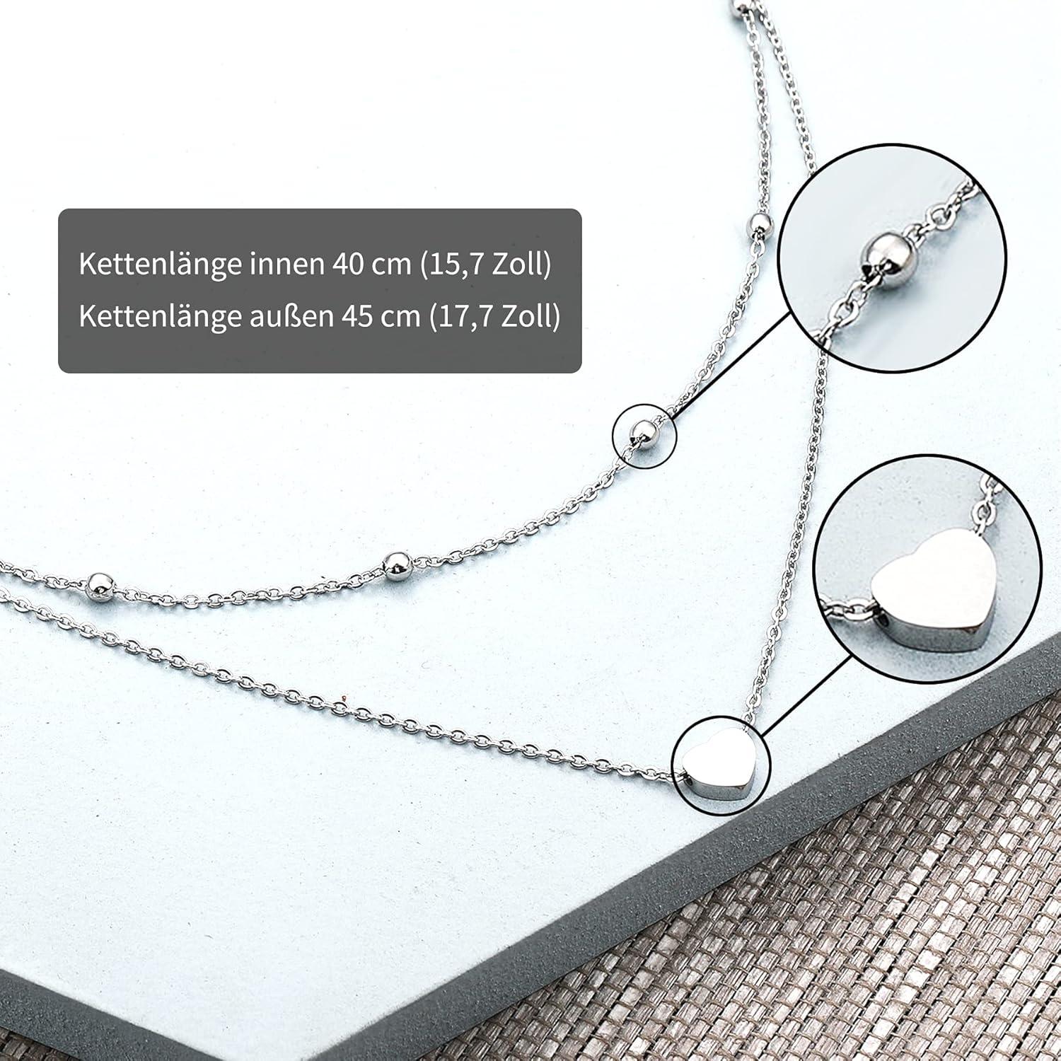 AFSTALR Damen Silber Multilayer Doppel-Halskette mit Herzanhänger