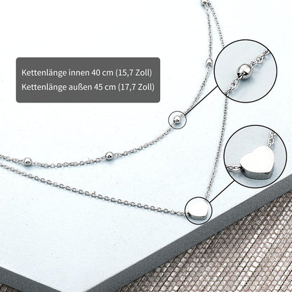 AFSTALR Damen Silber Multilayer Doppel-Halskette mit Herzanhänger