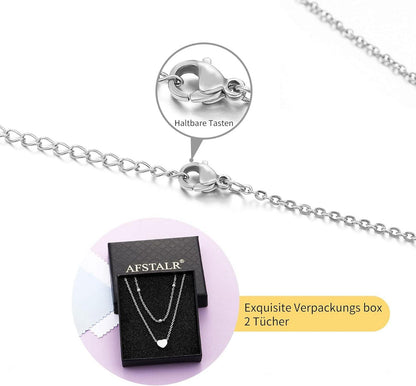 AFSTALR Damen Silber Multilayer Doppel-Halskette mit Herzanhänger