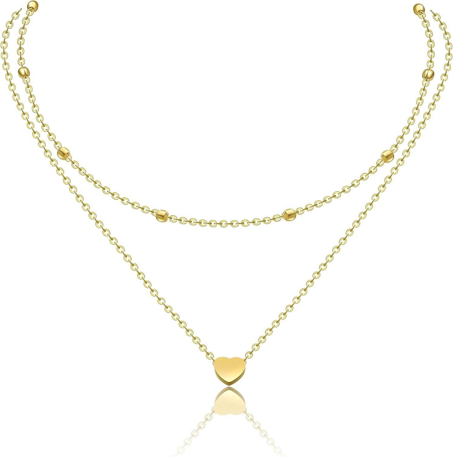 Layered Kette Multilayer Halskette Doppelkette für Frauen Herzanhänger